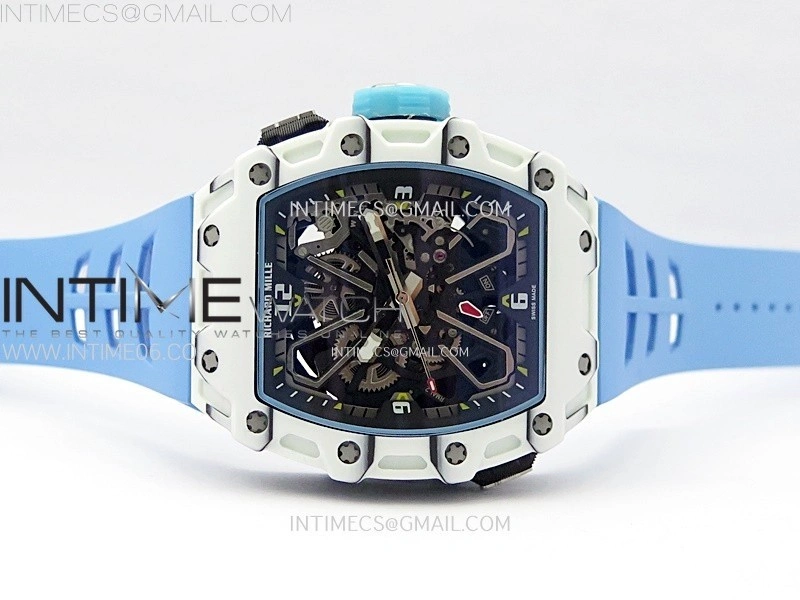 RM035-03 White Carbon Blue Crown Z Factory Skeleton Dial on Blue Rubber Strap Asian Skeleton movement