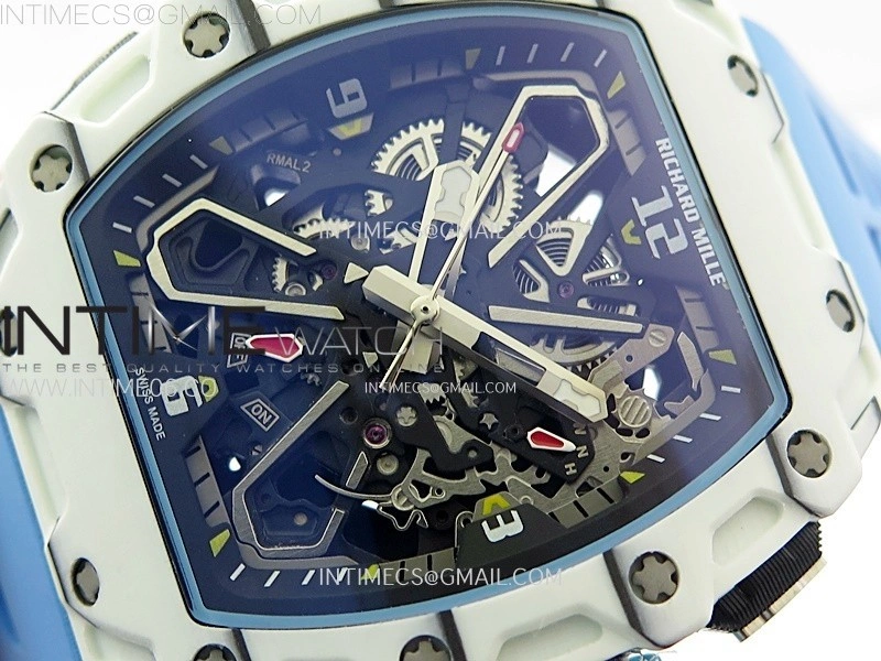 RM035-03 White Carbon Blue Crown Z Factory Skeleton Dial on Blue Rubber Strap Asian Skeleton movement