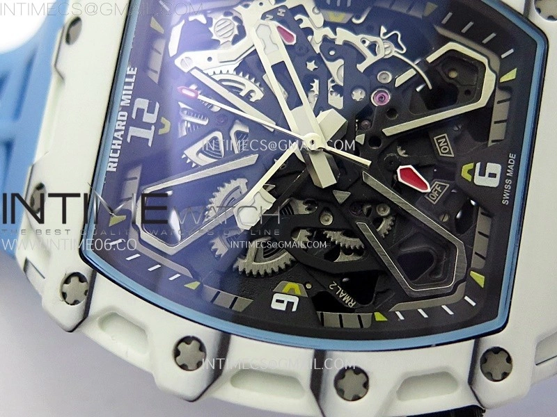RM035-03 White Carbon Blue Crown Z Factory Skeleton Dial on Blue Rubber Strap Asian Skeleton movement