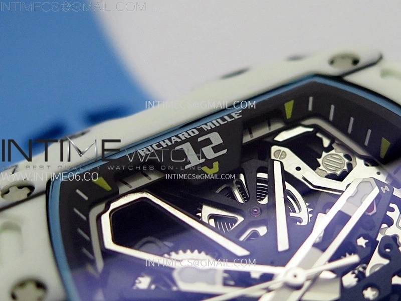 RM035-03 White Carbon Blue Crown Z Factory Skeleton Dial on Blue Rubber Strap Asian Skeleton movement