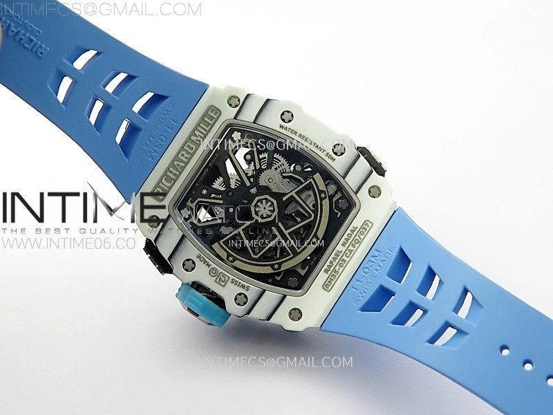 RM035-03 White Carbon Blue Crown Z Factory Skeleton Dial on Blue Rubber Strap Asian Skeleton movement