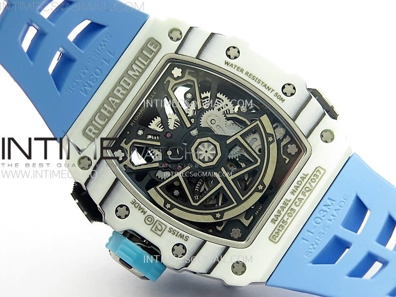 RM035-03 White Carbon Blue Crown Z Factory Skeleton Dial on Blue Rubber Strap Asian Skeleton movement
