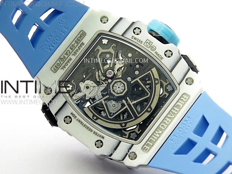 RM035-03 White Carbon Blue Crown Z Factory Skeleton Dial on Blue Rubber Strap Asian Skeleton movement