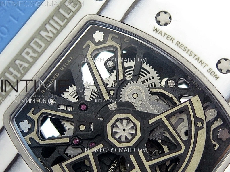 RM035-03 White Carbon Blue Crown Z Factory Skeleton Dial on Blue Rubber Strap Asian Skeleton movement