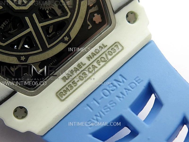 RM035-03 White Carbon Blue Crown Z Factory Skeleton Dial on Blue Rubber Strap Asian Skeleton movement