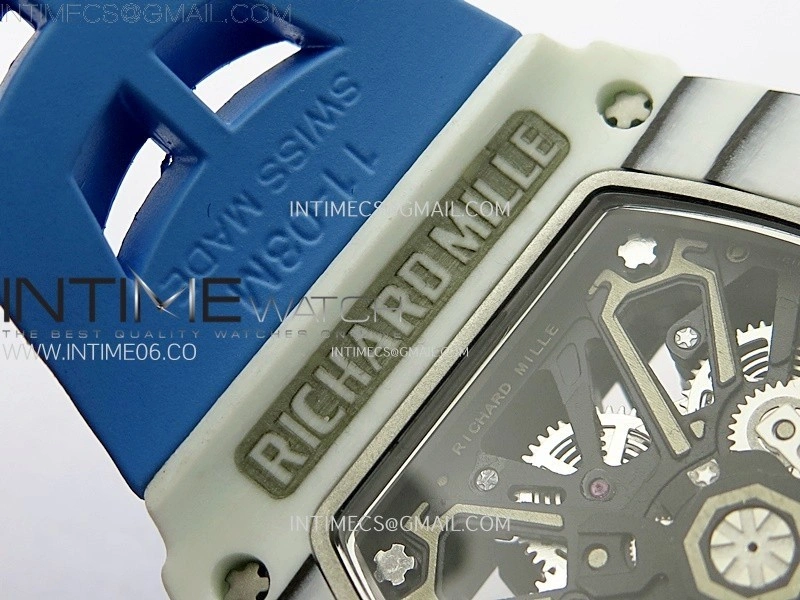 RM035-03 White Carbon Blue Crown Z Factory Skeleton Dial on Blue Rubber Strap Asian Skeleton movement