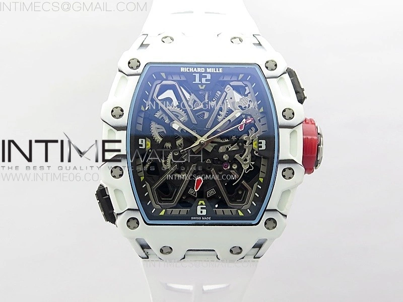 RM035-03 White Carbon Red Crown Z Factory Skeleton Dial on White Rubber Strap Asian Skeleton movement