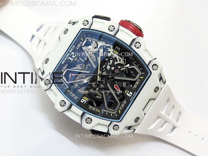 RM035-03 White Carbon Red Crown Z Factory Skeleton Dial on White Rubber Strap Asian Skeleton movement
