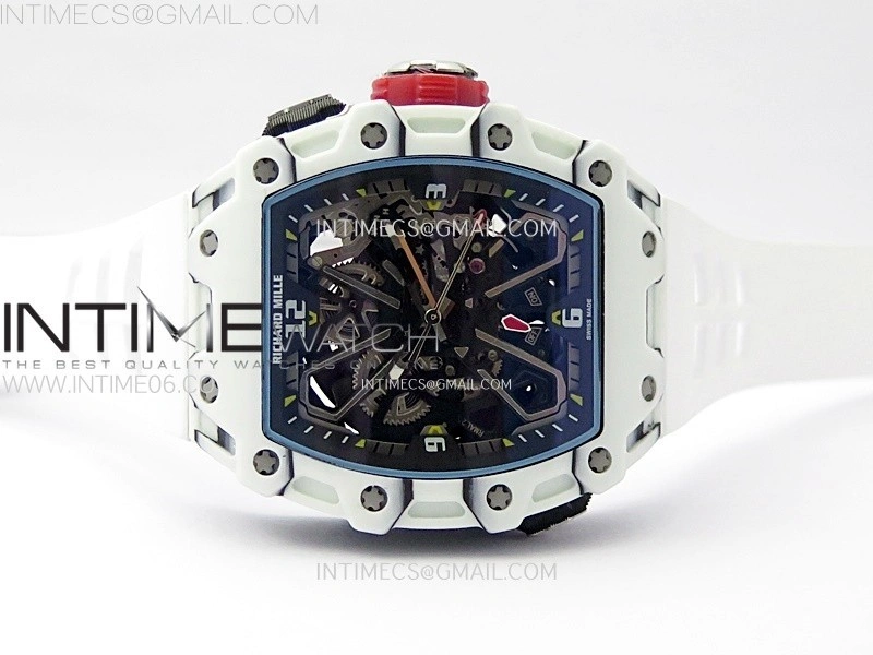 RM035-03 White Carbon Red Crown Z Factory Skeleton Dial on White Rubber Strap Asian Skeleton movement