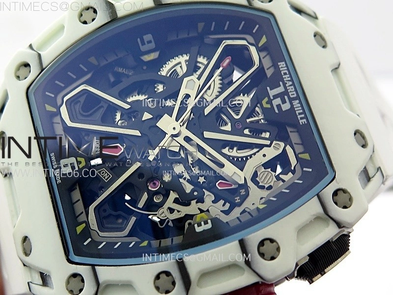 RM035-03 White Carbon Red Crown Z Factory Skeleton Dial on White Rubber Strap Asian Skeleton movement