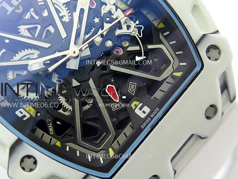 RM035-03 White Carbon Red Crown Z Factory Skeleton Dial on White Rubber Strap Asian Skeleton movement