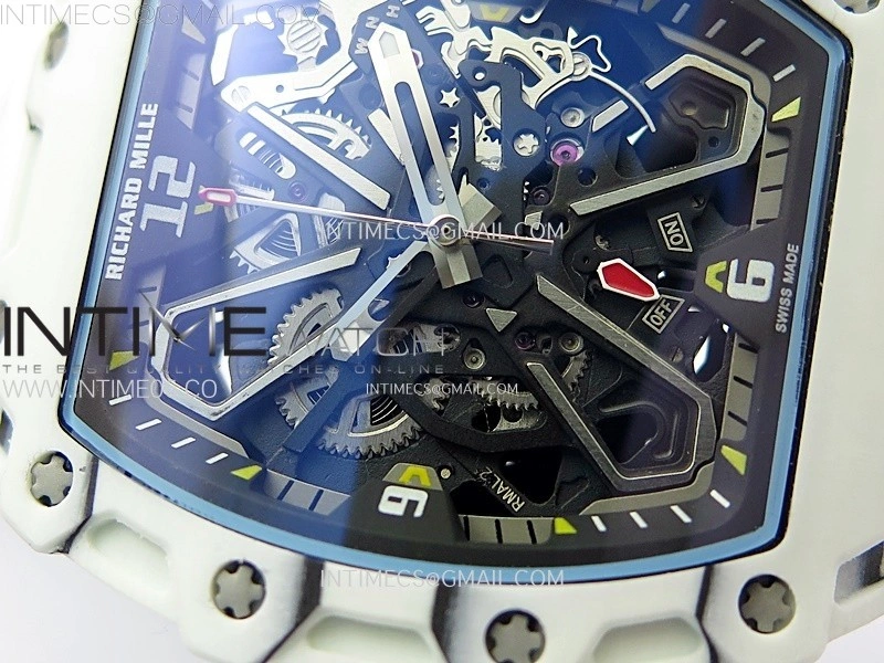 RM035-03 White Carbon Red Crown Z Factory Skeleton Dial on White Rubber Strap Asian Skeleton movement