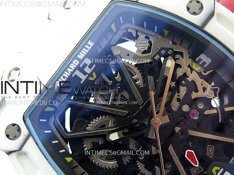 RM035-03 White Carbon Red Crown Z Factory Skeleton Dial on White Rubber Strap Asian Skeleton movement