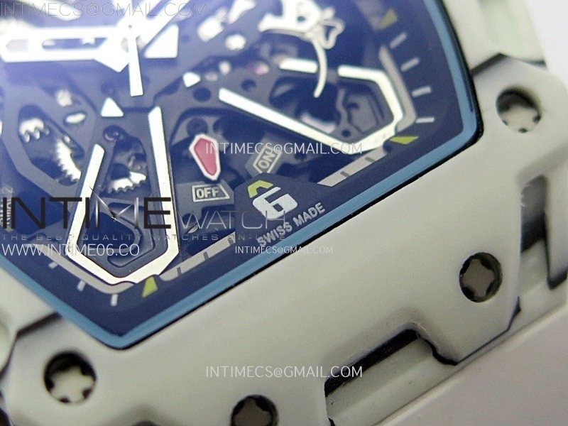 RM035-03 White Carbon Red Crown Z Factory Skeleton Dial on White Rubber Strap Asian Skeleton movement