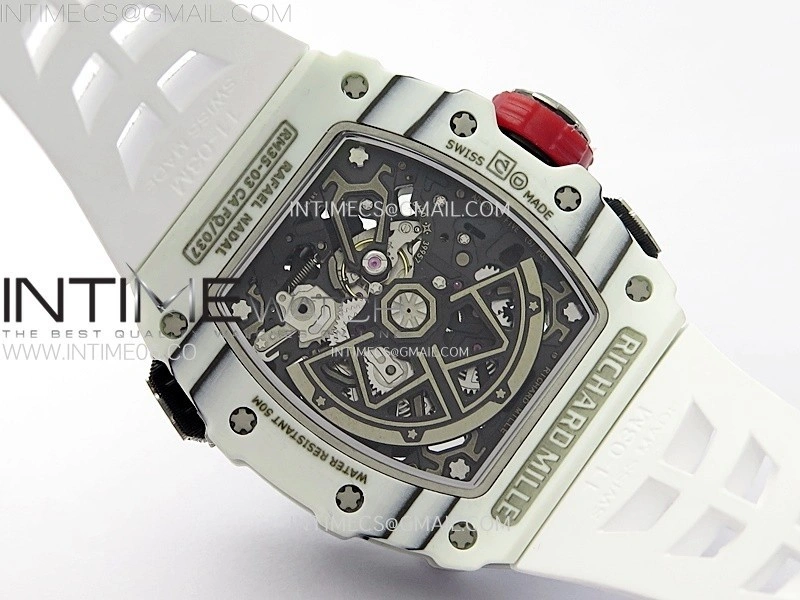 RM035-03 White Carbon Red Crown Z Factory Skeleton Dial on White Rubber Strap Asian Skeleton movement