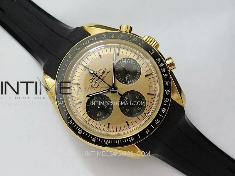 Speedmaster Professional YG N1F Best Edition Gold Dial Black Subdial On Black Rubber Strap Asian 3861