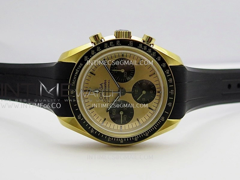 Speedmaster Professional YG N1F Best Edition Gold Dial Black Subdial On Black Rubber Strap Asian 3861