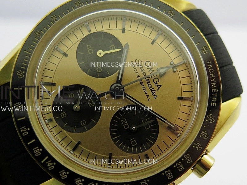 Speedmaster Professional YG N1F Best Edition Gold Dial Black Subdial On Black Rubber Strap Asian 3861