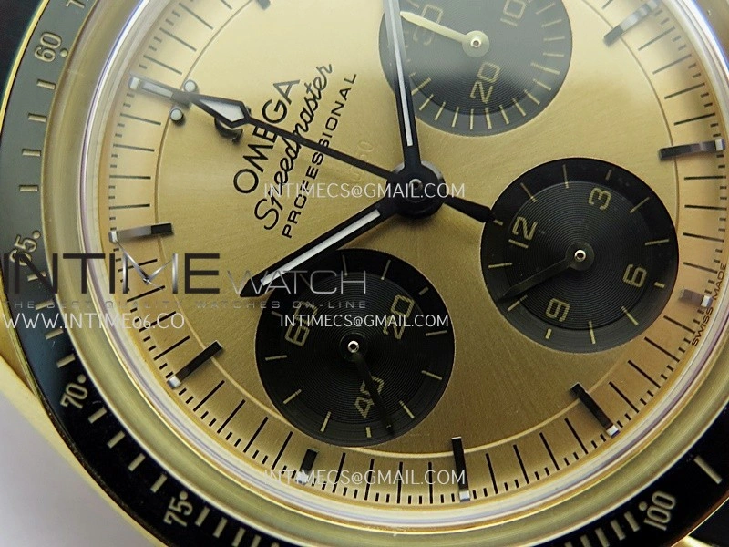 Speedmaster Professional YG N1F Best Edition Gold Dial Black Subdial On Black Rubber Strap Asian 3861