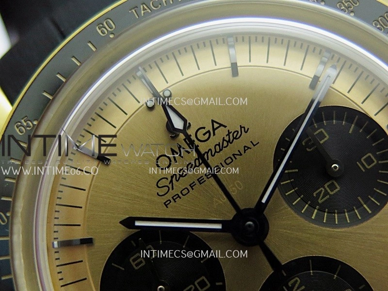 Speedmaster Professional YG N1F Best Edition Gold Dial Black Subdial On Black Rubber Strap Asian 3861