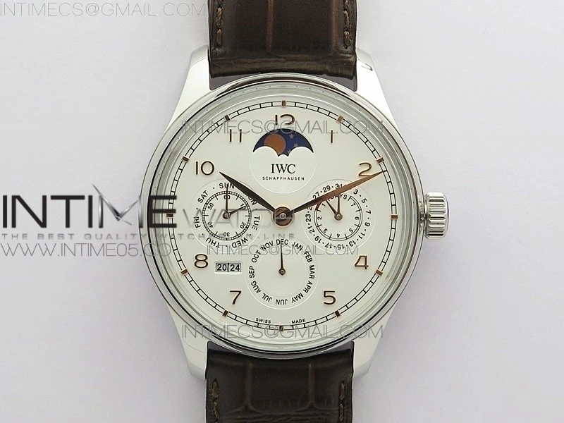 Portuguese Real PR Real Annual Calendar IW5034 V9F Best Edition White dial RG Markers On Brown Leather Strap A52610