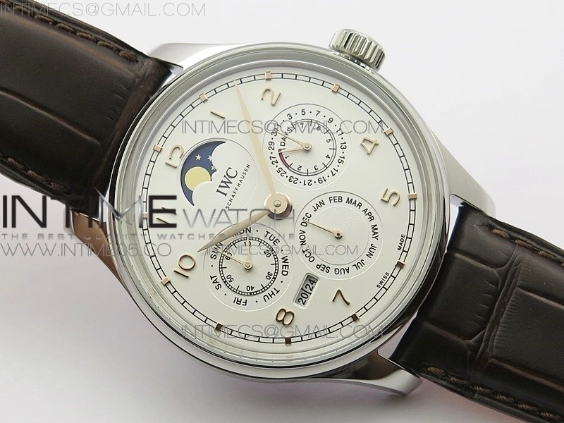 Portuguese Real PR Real Annual Calendar IW5034 V9F Best Edition White dial RG Markers On Brown Leather Strap A52610