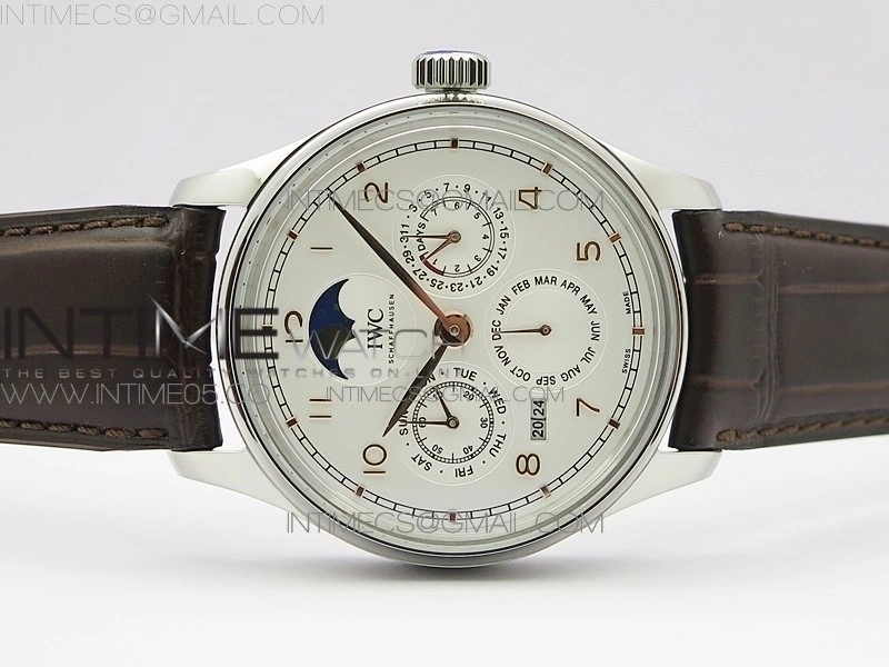 Portuguese Real PR Real Annual Calendar IW5034 V9F Best Edition White dial RG Markers On Brown Leather Strap A52610