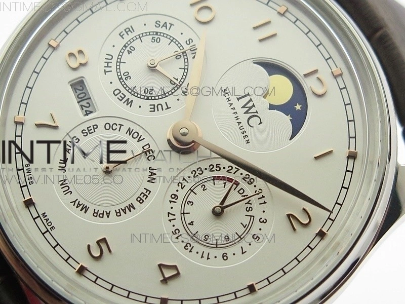 Portuguese Real PR Real Annual Calendar IW5034 V9F Best Edition White dial RG Markers On Brown Leather Strap A52610