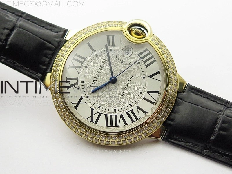 Ballon Bleu 42mm Double Diamonds Bezel RG 3KF 1:1 Best Edition White Texture Dial on Black Leather Strap A2824