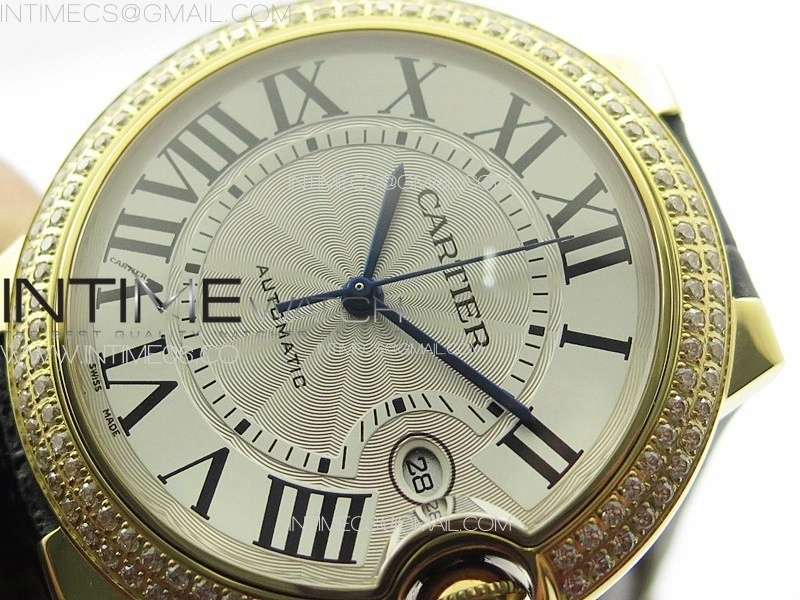 Ballon Bleu 42mm Double Diamonds Bezel RG 3KF 1:1 Best Edition White Texture Dial on Black Leather Strap A2824