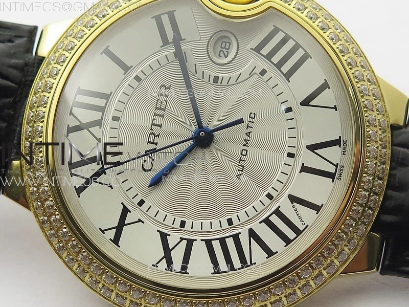 Ballon Bleu 42mm Double Diamonds Bezel RG 3KF 1:1 Best Edition White Texture Dial on Black Leather Strap A2824