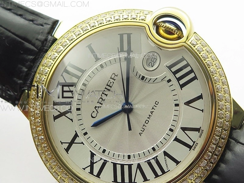 Ballon Bleu 42mm Double Diamonds Bezel RG 3KF 1:1 Best Edition White Texture Dial on Black Leather Strap A2824