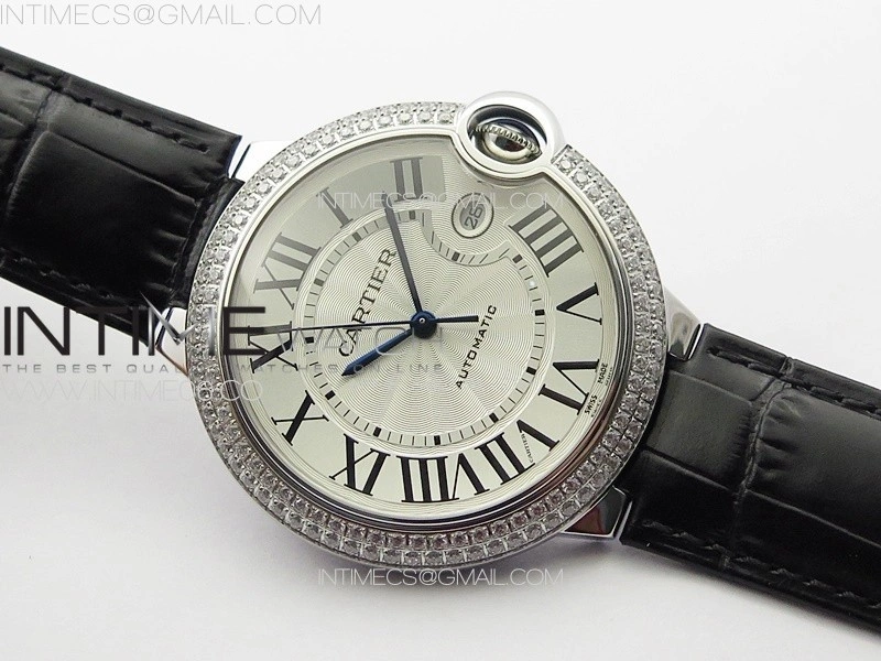 Ballon Bleu 42mm Diamonds Bezel SS 3KF 1:1 Best Edition White Texture Dial on Black Leather Strap A2824