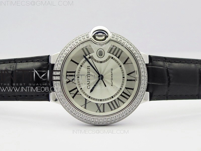 Ballon Bleu 42mm Diamonds Bezel SS 3KF 1:1 Best Edition White Texture Dial on Black Leather Strap A2824