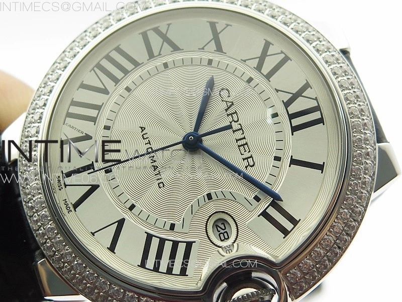 Ballon Bleu 42mm Diamonds Bezel SS 3KF 1:1 Best Edition White Texture Dial on Black Leather Strap A2824