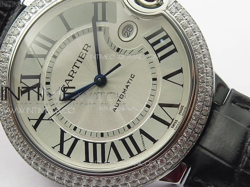 Ballon Bleu 42mm Diamonds Bezel SS 3KF 1:1 Best Edition White Texture Dial on Black Leather Strap A2824