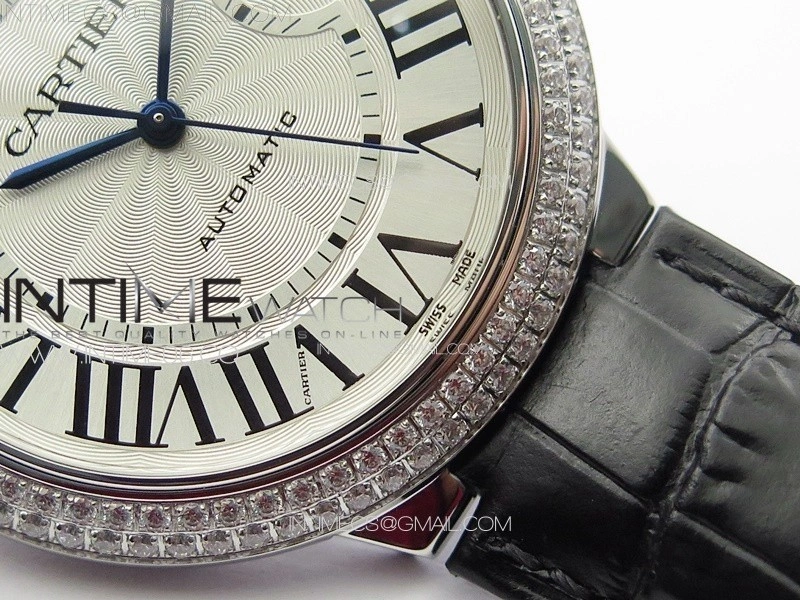 Ballon Bleu 42mm Diamonds Bezel SS 3KF 1:1 Best Edition White Texture Dial on Black Leather Strap A2824