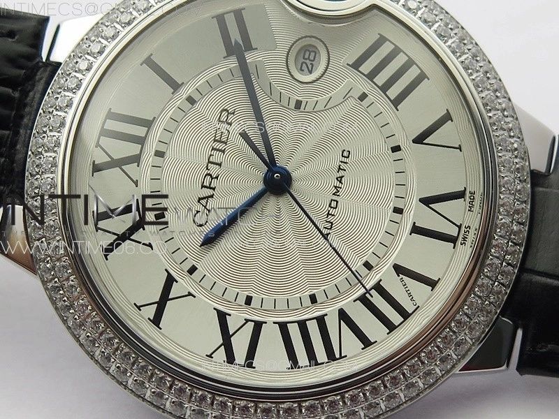 Ballon Bleu 42mm Diamonds Bezel SS 3KF 1:1 Best Edition White Texture Dial on Black Leather Strap A2824