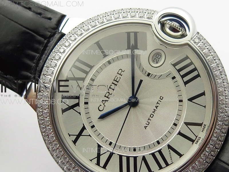 Ballon Bleu 42mm Diamonds Bezel SS 3KF 1:1 Best Edition White Texture Dial on Black Leather Strap A2824