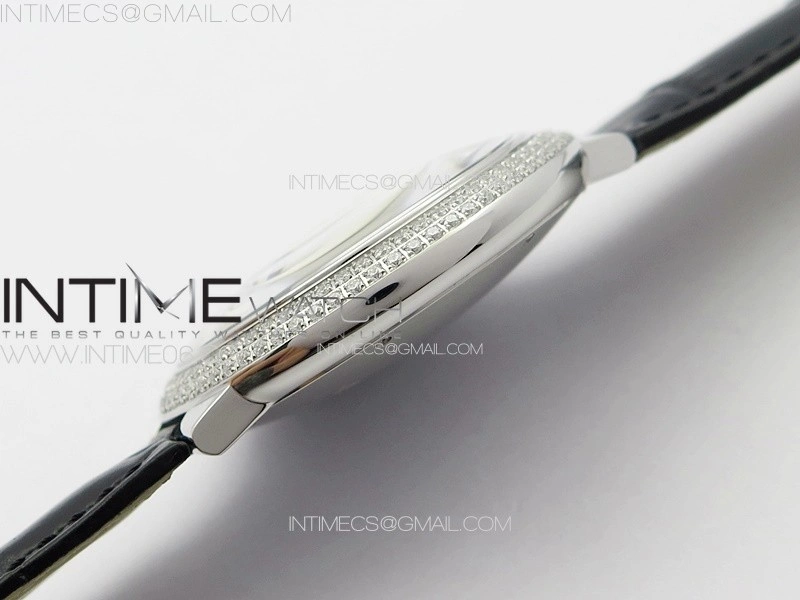 Ballon Bleu 42mm Diamonds Bezel SS 3KF 1:1 Best Edition White Texture Dial on Black Leather Strap A2824
