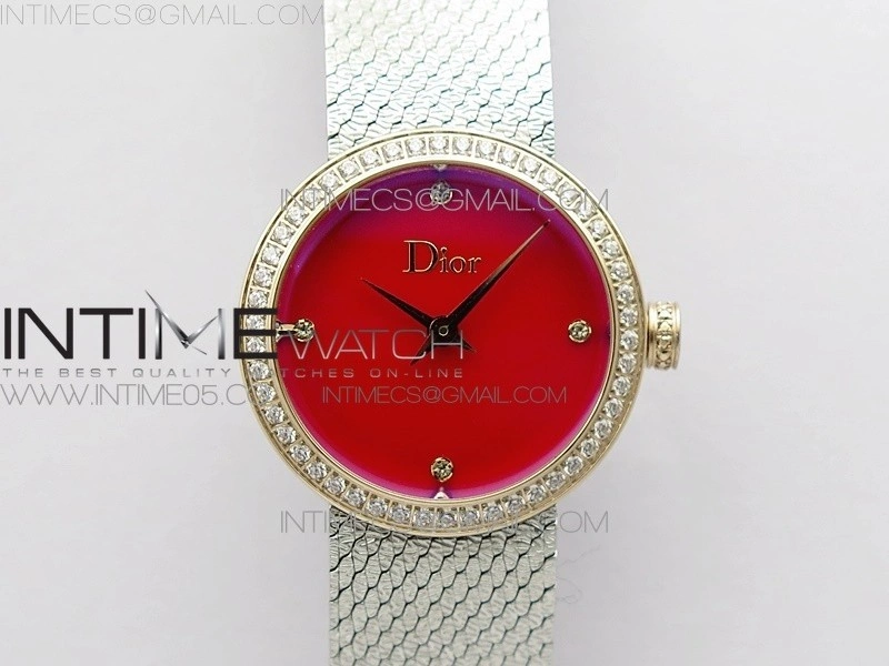 La d de dior satine SS RG Crystal Bezel 8848F 1:1 Best Edition Red Dial on SS bracelet Swiss Quartz