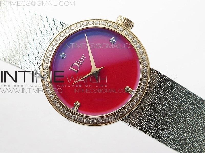 La d de dior satine SS RG Crystal Bezel 8848F 1:1 Best Edition Red Dial on SS bracelet Swiss Quartz