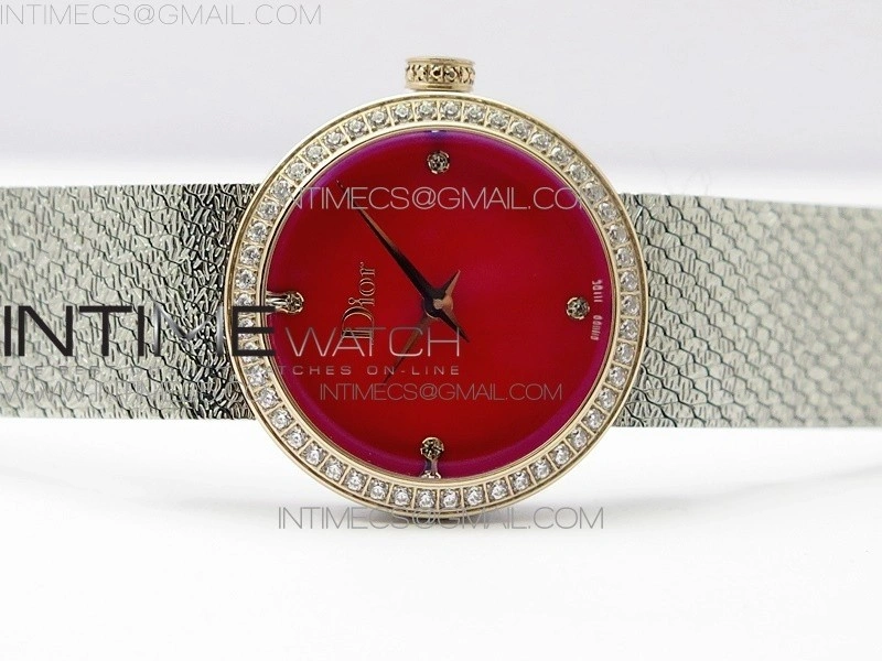 La d de dior satine SS RG Crystal Bezel 8848F 1:1 Best Edition Red Dial on SS bracelet Swiss Quartz