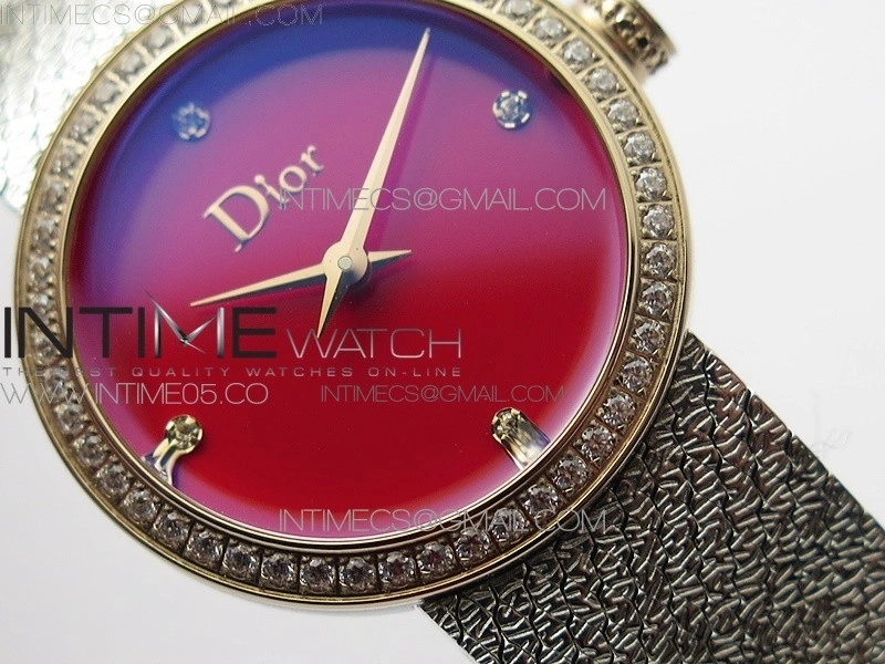 La d de dior satine SS RG Crystal Bezel 8848F 1:1 Best Edition Red Dial on SS bracelet Swiss Quartz