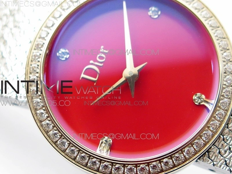 La d de dior satine SS RG Crystal Bezel 8848F 1:1 Best Edition Red Dial on SS bracelet Swiss Quartz