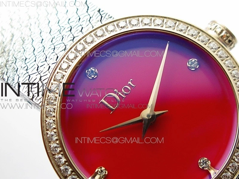La d de dior satine SS RG Crystal Bezel 8848F 1:1 Best Edition Red Dial on SS bracelet Swiss Quartz