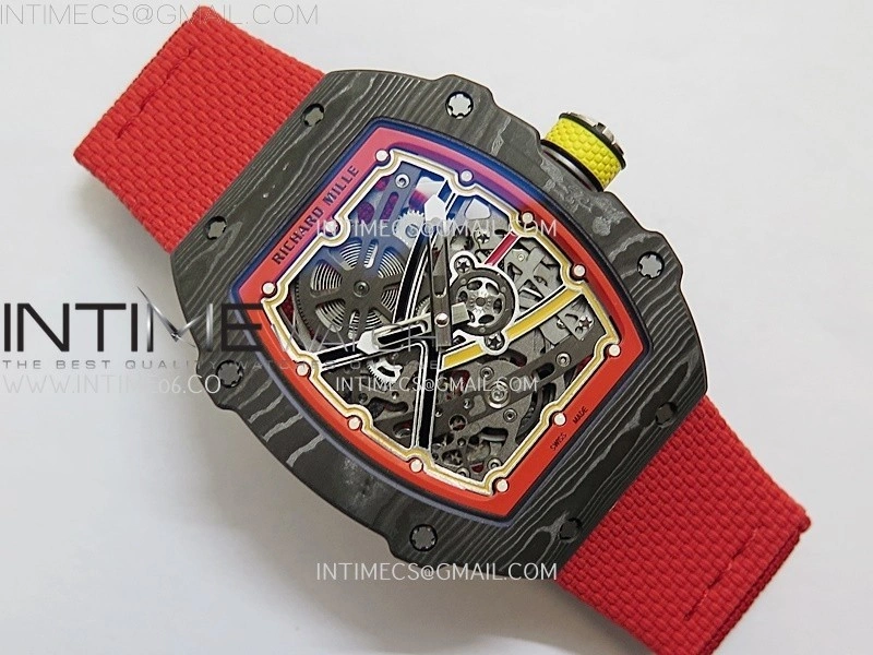 RM67-02 Red Yellow Inner Bezel Real NTPT 1:1 Best Edition Skeleton Dial On Red Nylon strap CRMA7 Clone