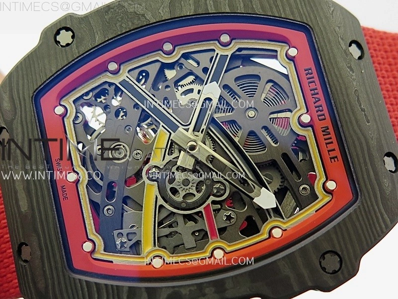 RM67-02 Red Yellow Inner Bezel Real NTPT 1:1 Best Edition Skeleton Dial On Red Nylon strap CRMA7 Clone