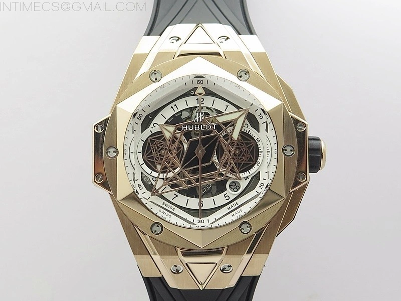 Big Bang Sang Bleu chrono RG B50 White Skeletonal Dial On Black Gummy Strap Asian 7750