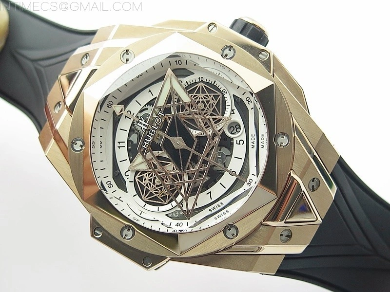 Big Bang Sang Bleu chrono RG B50 White Skeletonal Dial On Black Gummy Strap Asian 7750